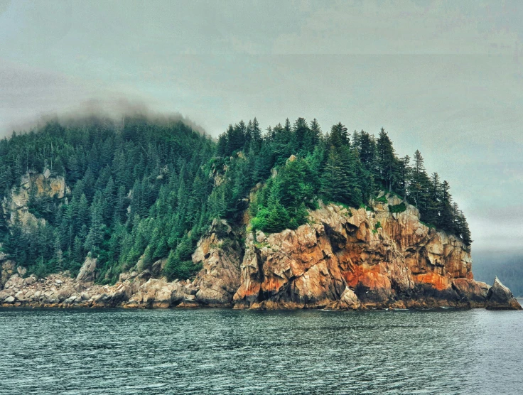 an island in the middle of the ocean with a forest on top