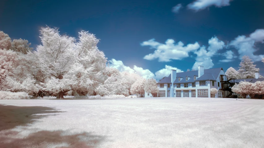 an older style house with a field and trees