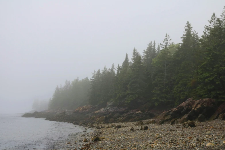 a foggy view looking at the ocean and shoreline