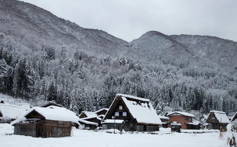 houses in front of mountains are covered in snow