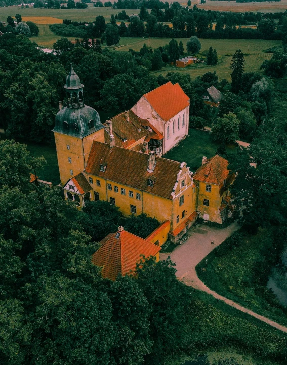 aerial view of a house surrounded by trees