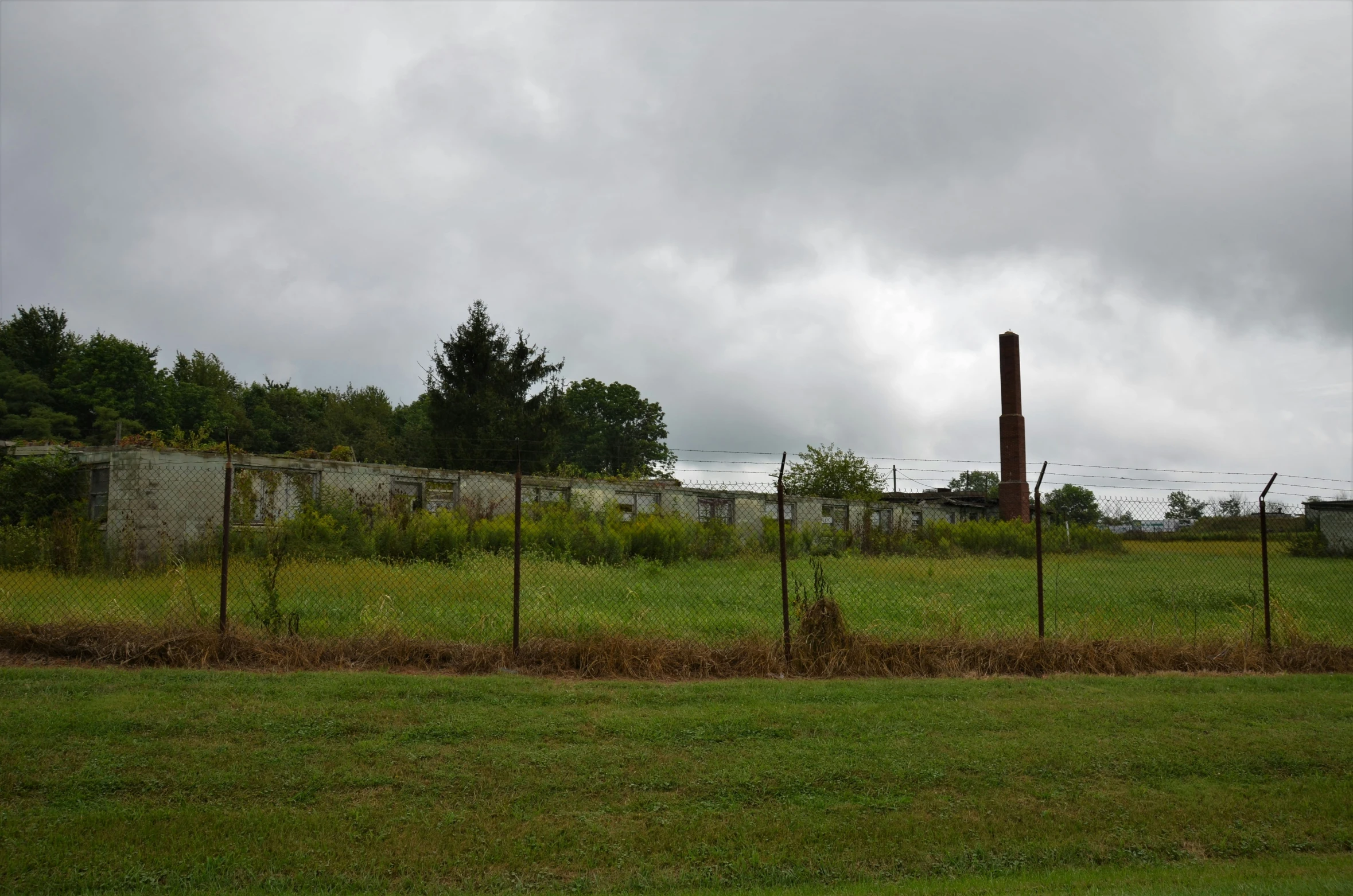 a field behind the barbed fence with a stop sign in front of it