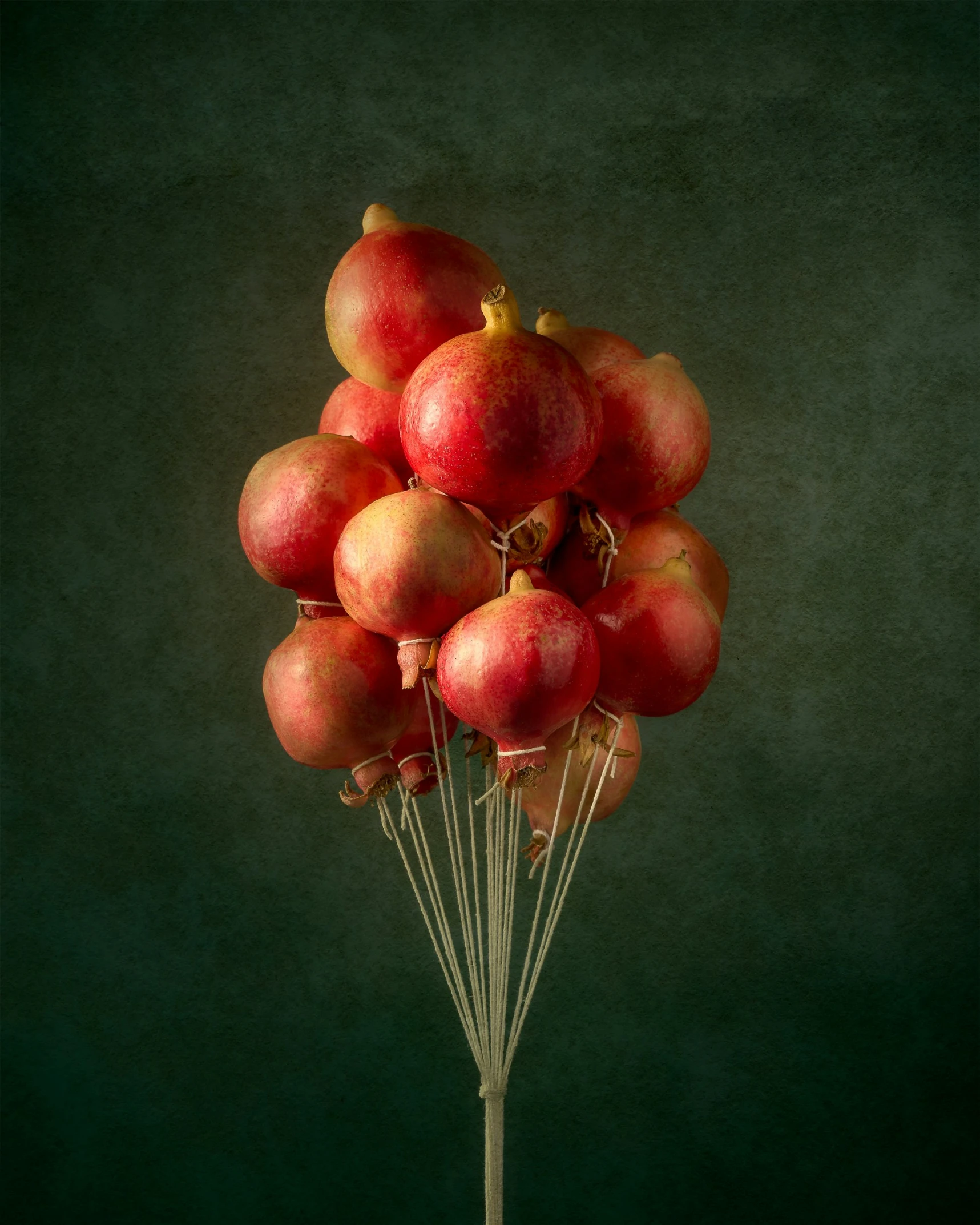 a small bunch of ripe pomegranates sitting on sticks