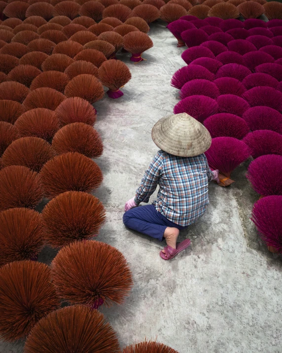 the little boy is sitting near the rows of red pom - poms