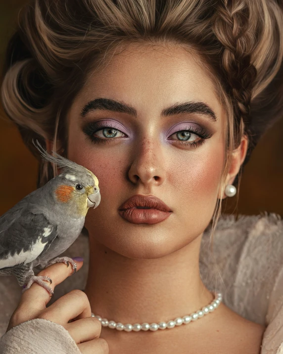 a woman holding a cockatil and looking into the camera