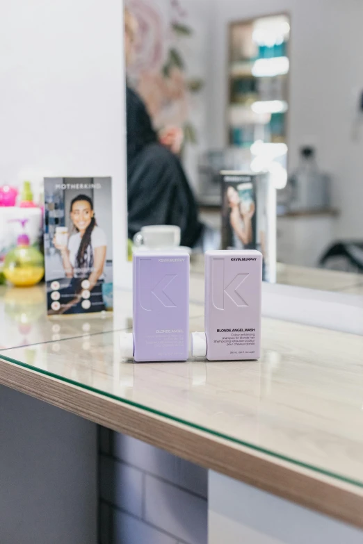 a store counter with cosmetics and a mirror