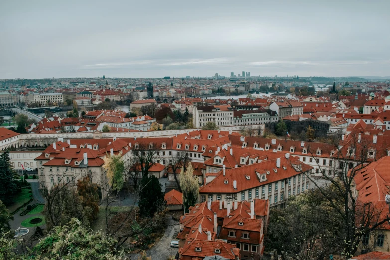 a city with several old buildings and a cloudy sky