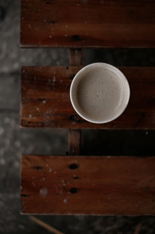 the coffee cup sits on top of a wooden table