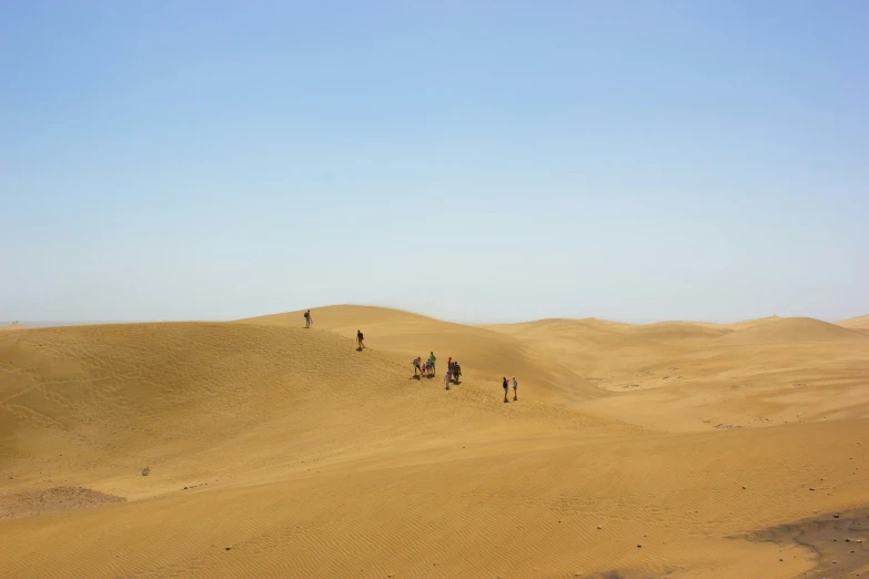 a group of people traveling across the sand dunes