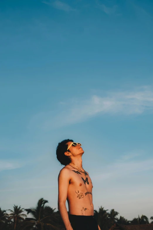 a man with tattoos wearing swim trunks, looks upward as he holds out his hand in front of the sky