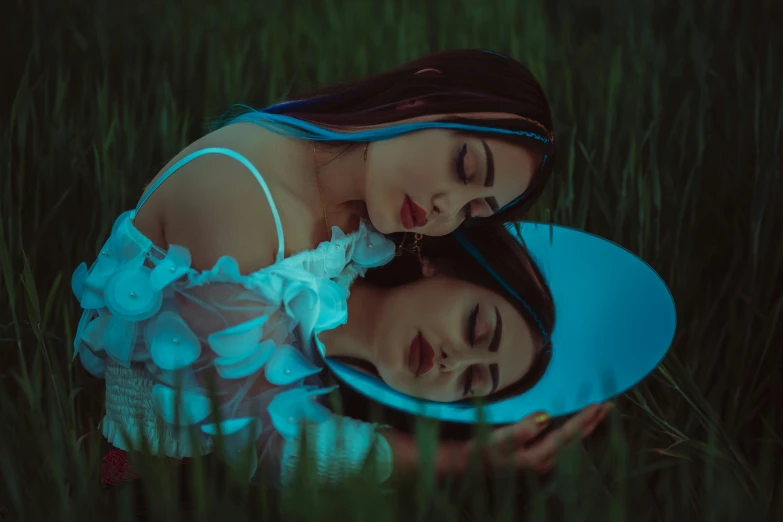 two girls are laying in the grass with their heads together
