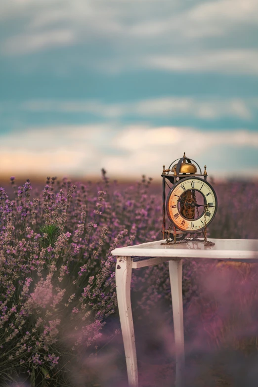 an old clock with the hands of three - sided figures sitting on a white table in a lavender field