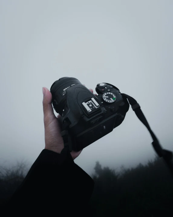 a person holds a black camera in a field