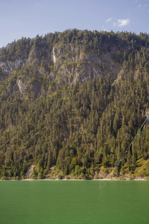 a mountain with trees and a person para - sailing in the ocean