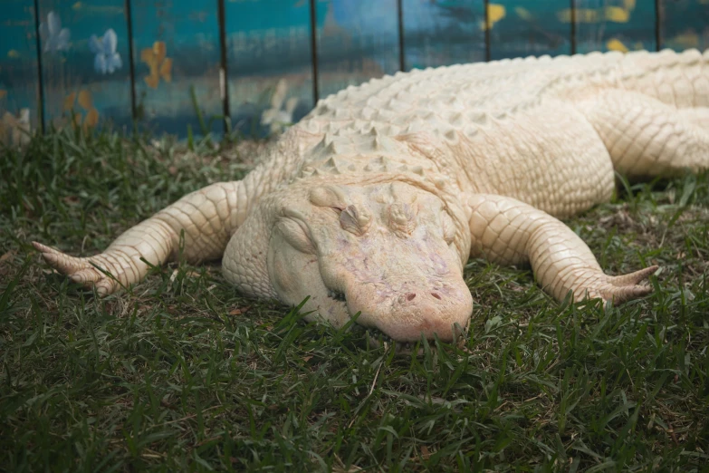 a white crocodile statue is laying in the grass