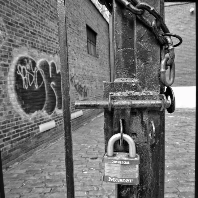 a gate with an industrial padlock and a padlock attached to it