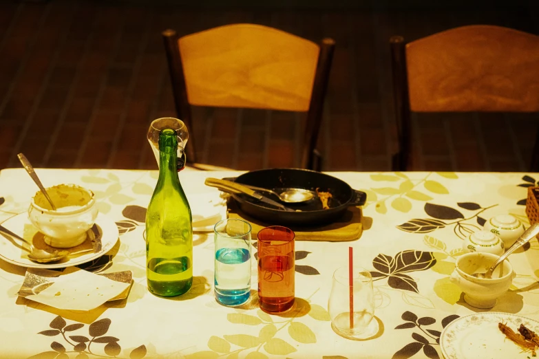 table with various condiments and other items set up