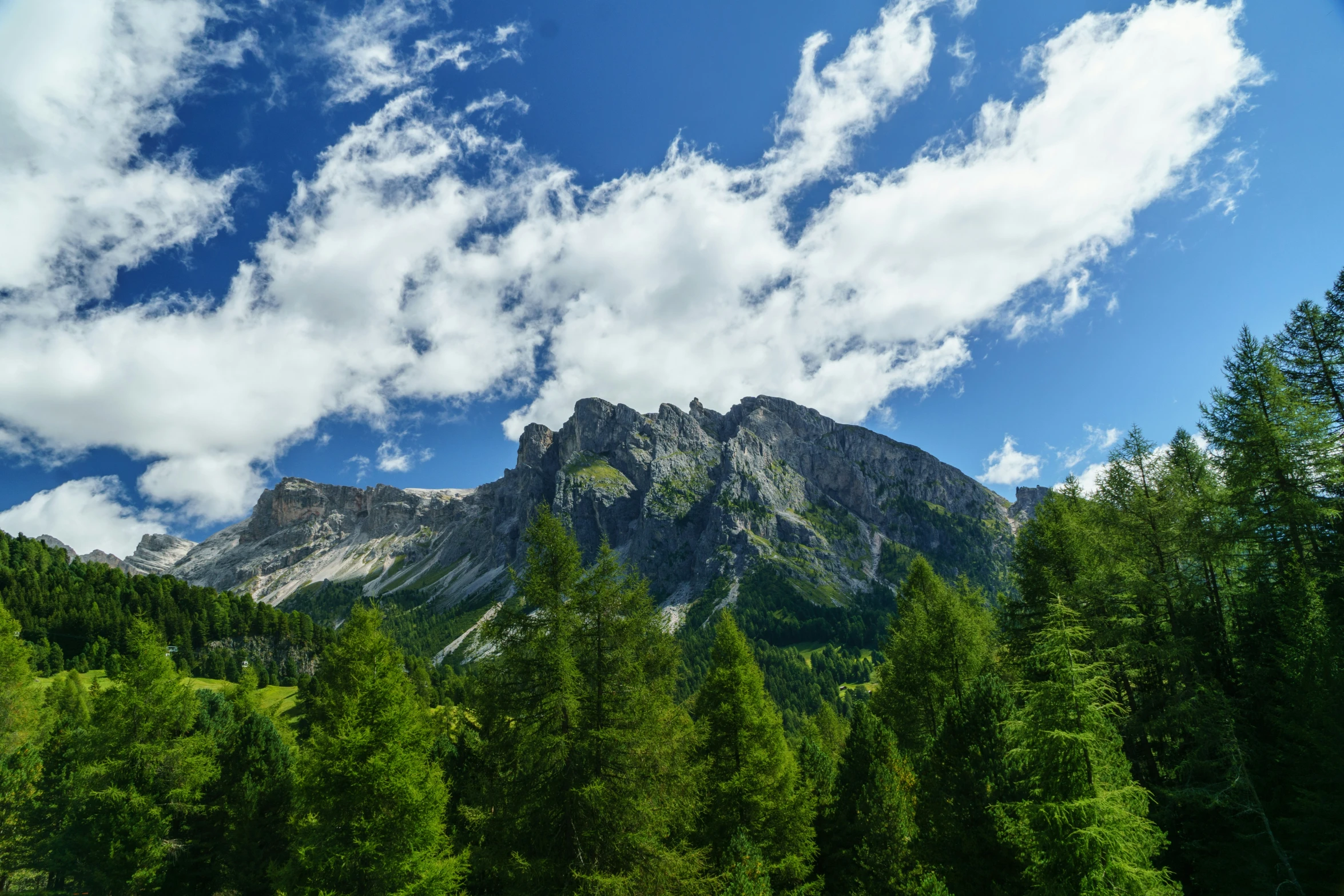 a mountain surrounded by lots of trees under a blue sky with a white cloud in it