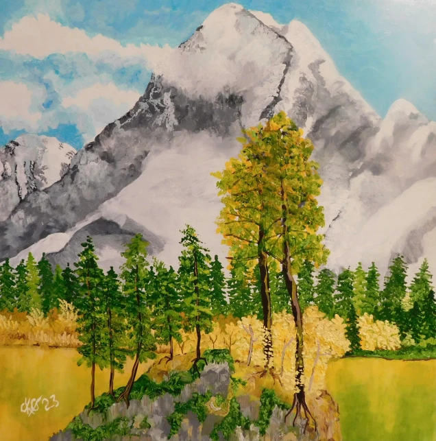 a painting of a wooded mountain range with trees on each side