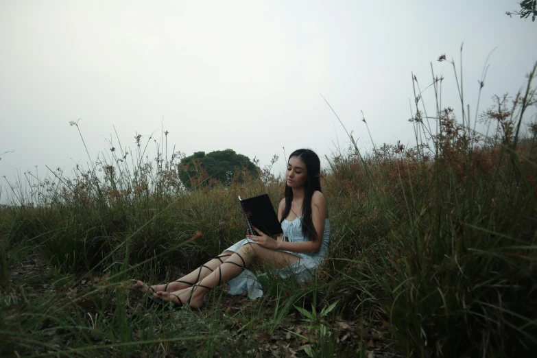 a woman sitting in a field holding an open laptop