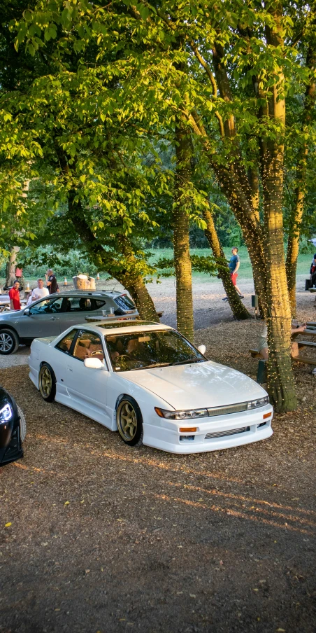 some cars parked next to trees and people