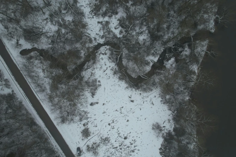 looking down at the snow and road in the middle of the woods