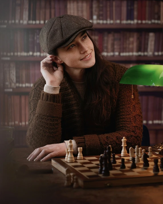 a woman is sitting at the table with her chess board and a lamp