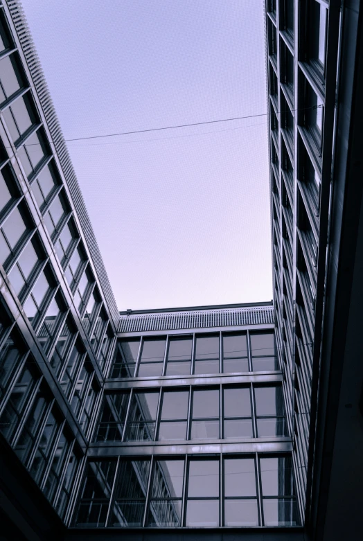 a blue and white po of tall buildings