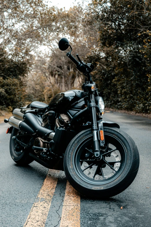 black motorcycle parked on road with trees and yellow line in background