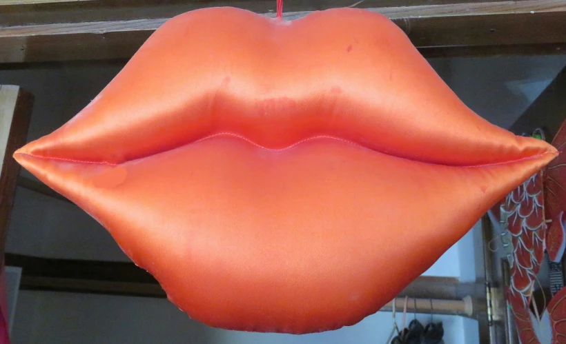 an orange cushion hanging from the side of a door