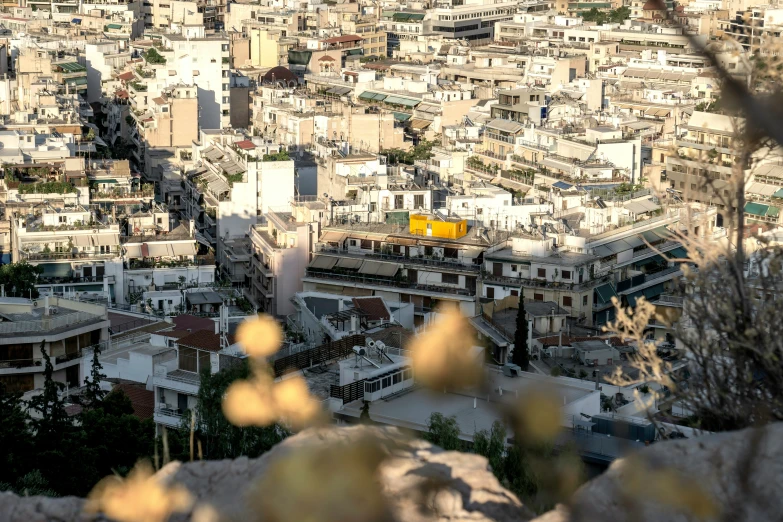 the city skyline is seen from above looking over