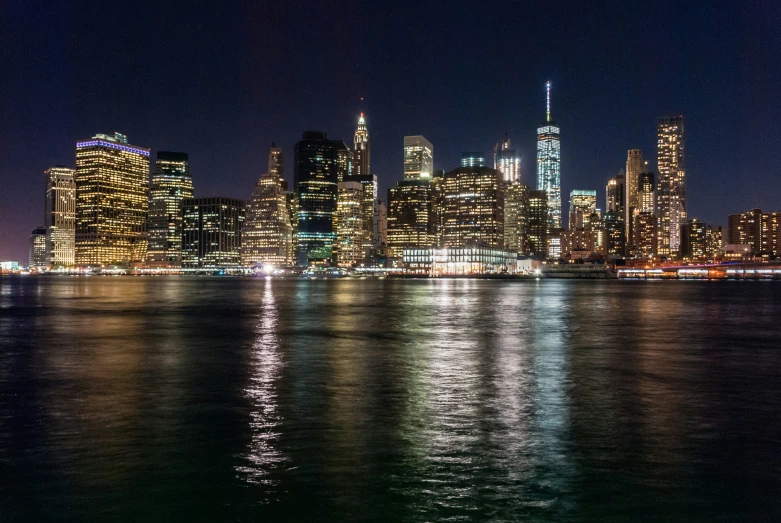 the new york skyline at night from across the water