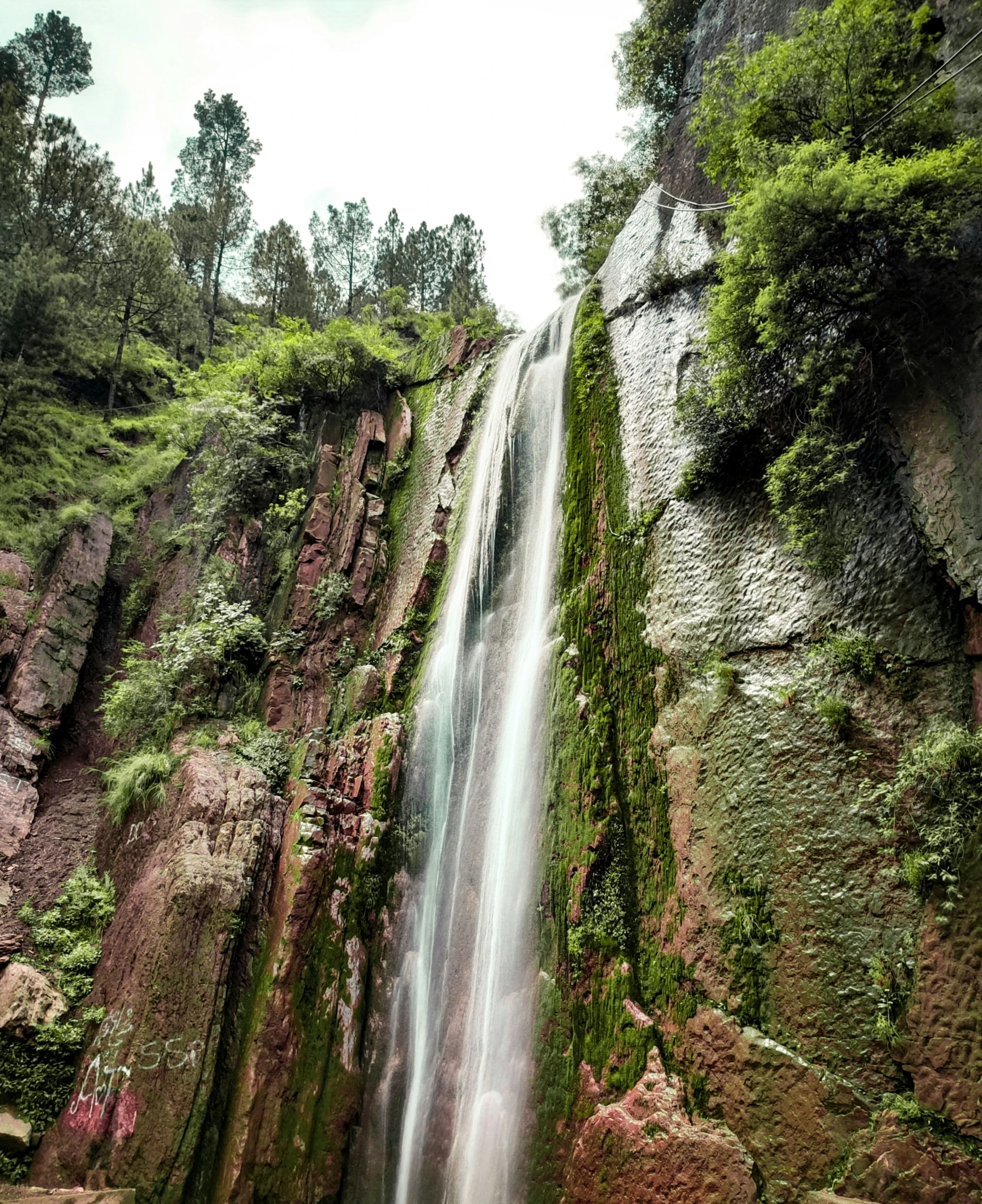 this is a large waterfall with trees on the side