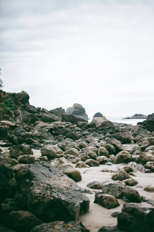 a surfer is on a rocky beach near the ocean