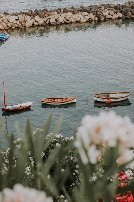 three small boats are tied to the docks