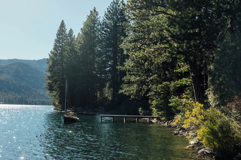 some boats on the water by some trees and mountains