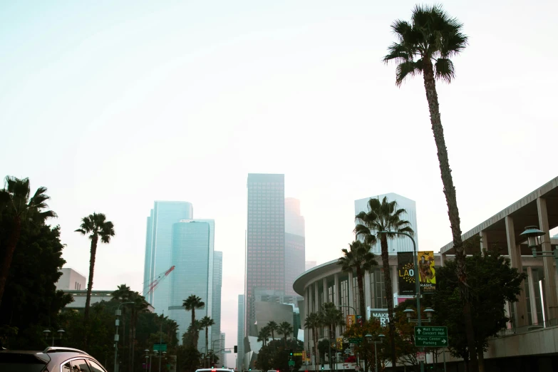 cars on a busy city street with tall buildings in the background