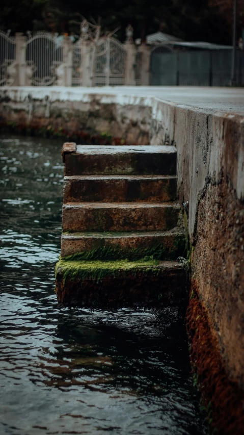 an empty pool filled with water and green moss