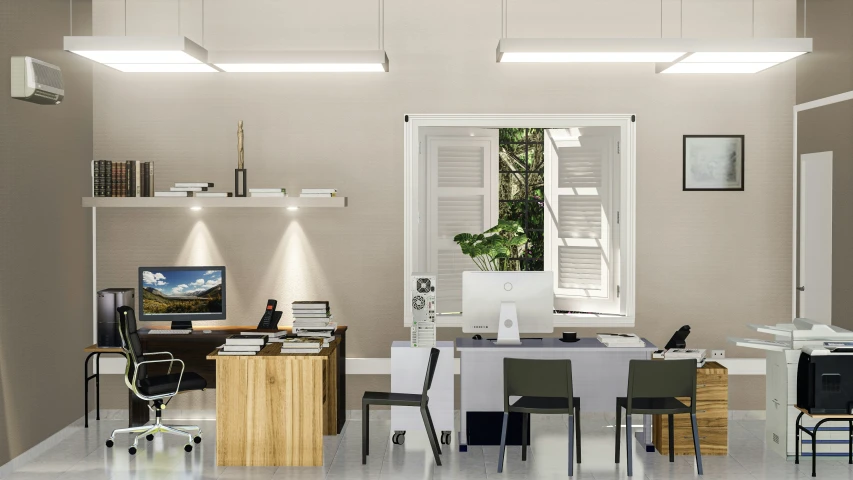 an image of a desk and chairs in a room