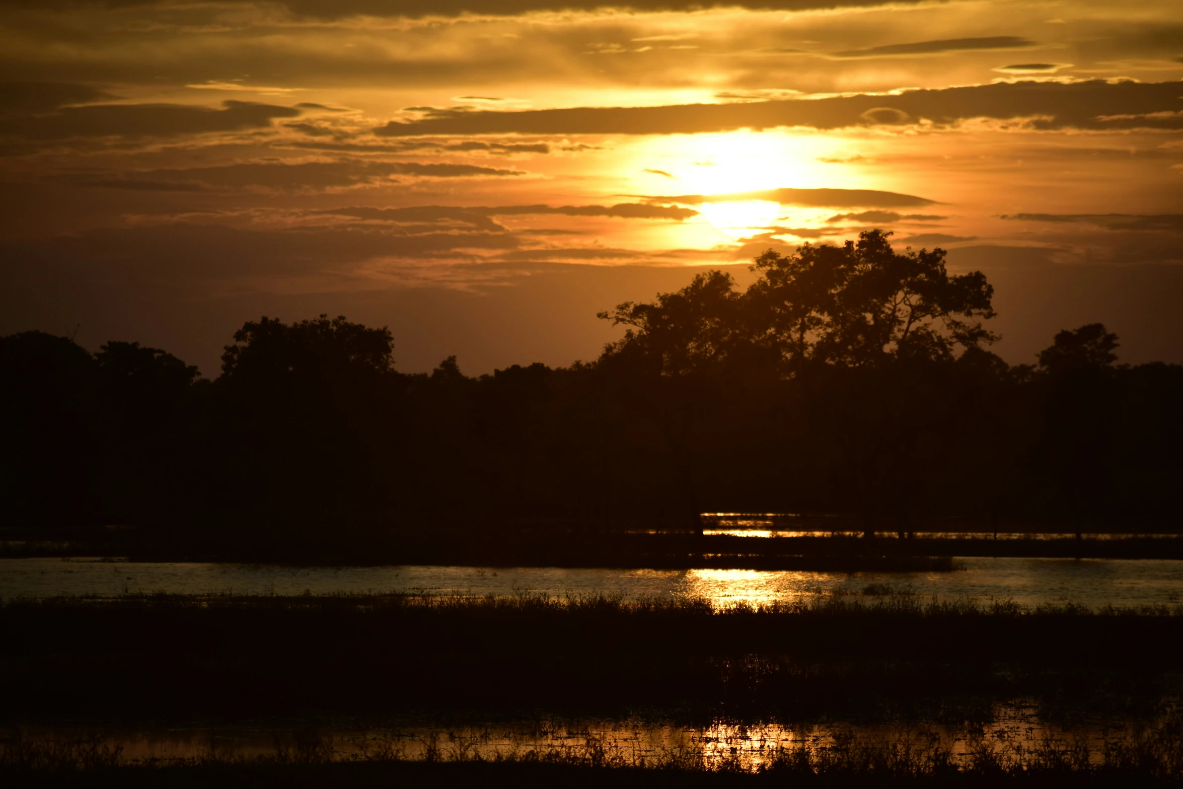 the sun is setting behind a lake with the reflection of trees