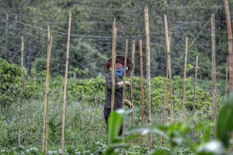 a person hanging onto a fence while wearing a mask