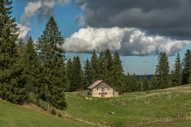 an old barn nestled among the trees on a hillside