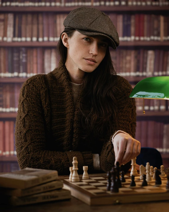 a woman wearing a hat holding a giant chess board