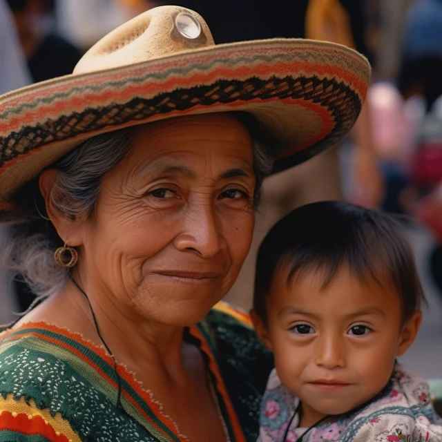 woman with a small boy wearing a sombrero