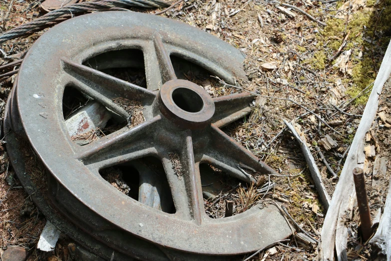 an old wheel is on the ground in the woods