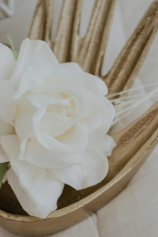 a white rose placed in gold and silver baskets