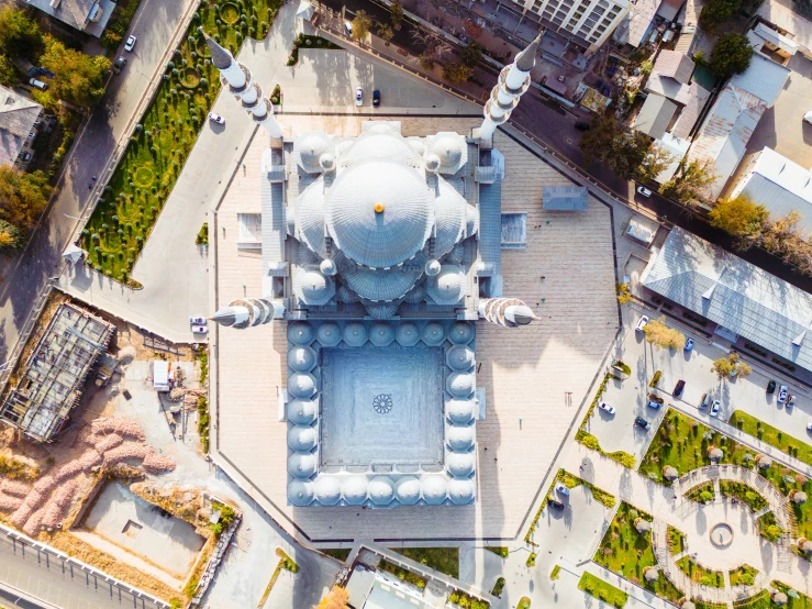 aerial view of dome on building surrounded by gardens