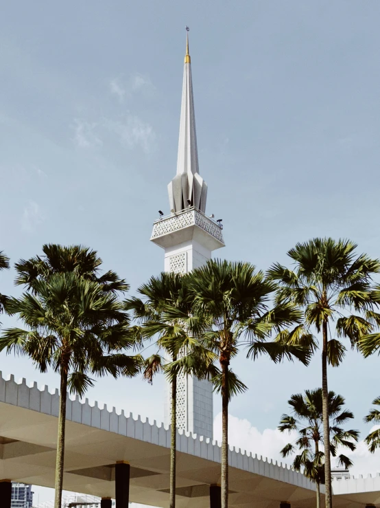 a tall tower with a clock in the center surrounded by palm trees