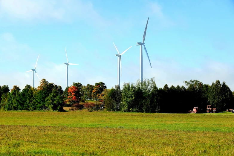 a green field with four wind turbines in the background