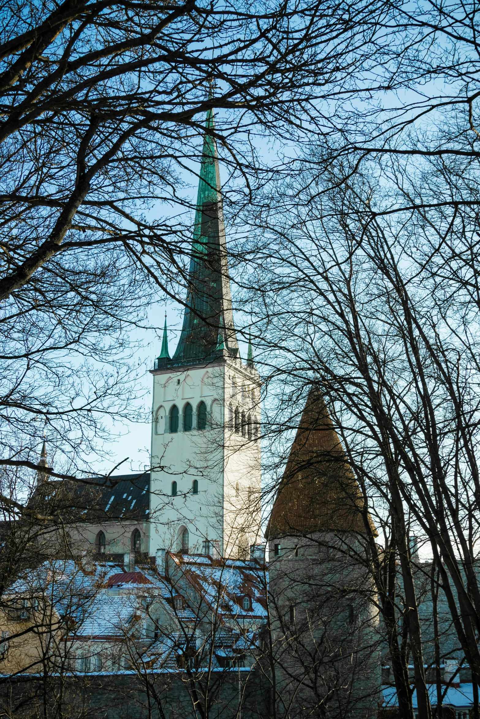 the church steeples are white, with trees in front